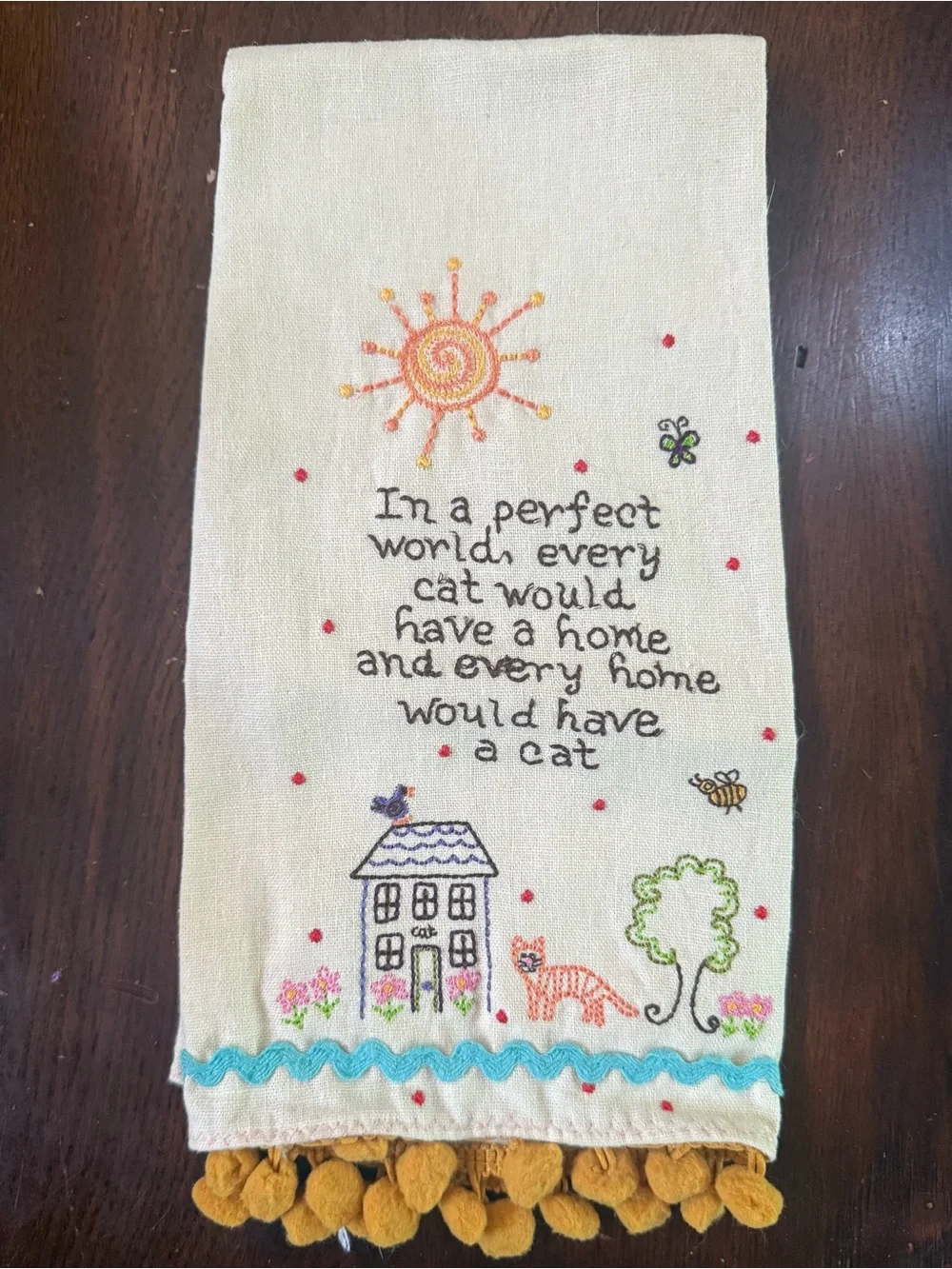 NATURAL LIFE Cream Embroidered Cat Quote Hand Towel with Mustard Pom-Pom Trim